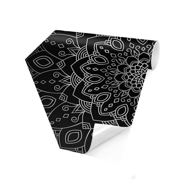 Design Tapeten Mandala Blüte Muster silber schwarz