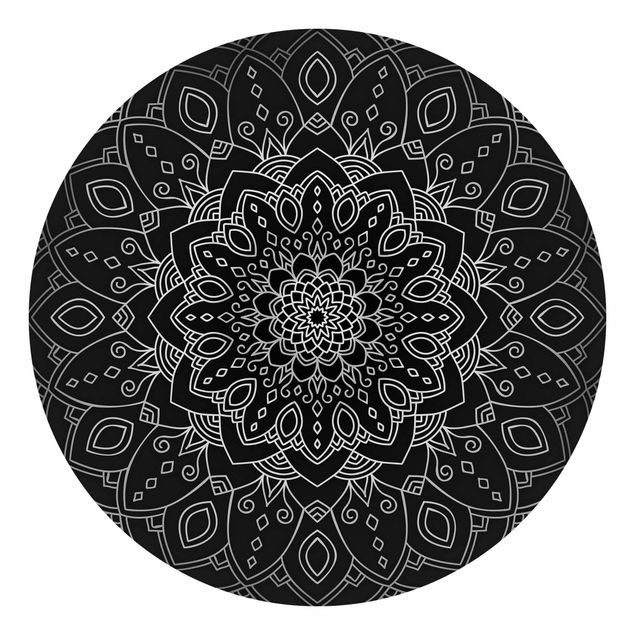 Runde Tapete selbstklebend - Mandala Blüte Muster silber schwarz