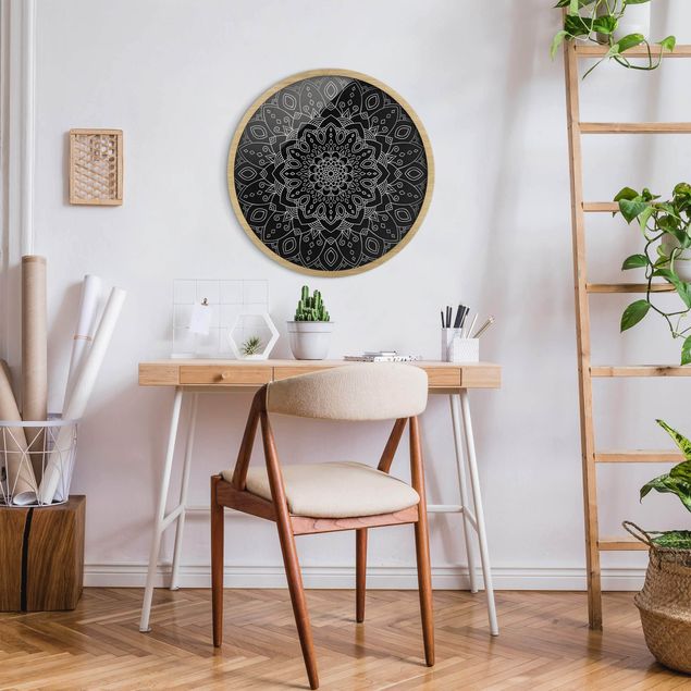 Moderne Bilder mit Rahmen Mandala Blüte Muster silber schwarz