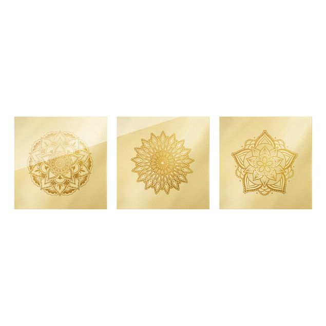Glasbild mehrteilig - Mandala Blüte Sonne Illustration Set Gold 3-teilig