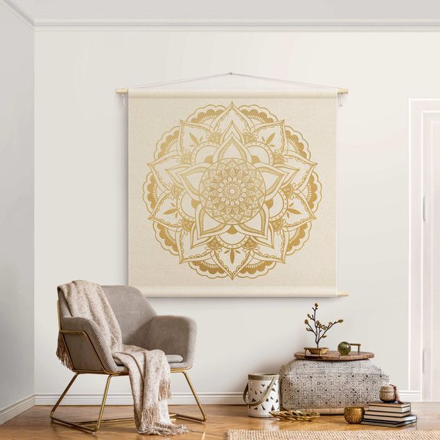 Wandtücher Mandala Blume gold weiß