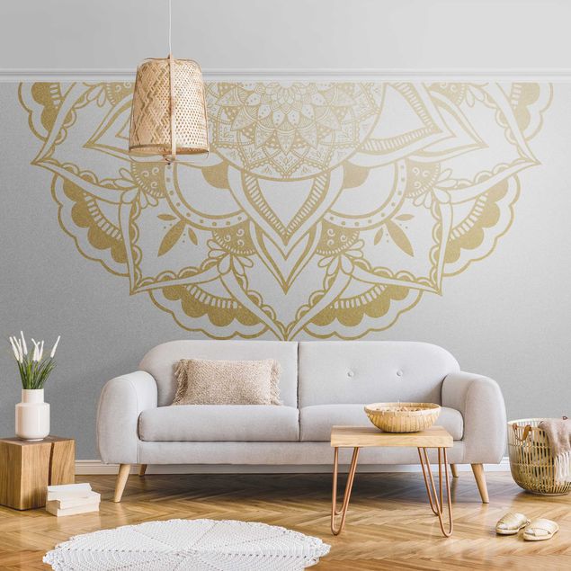 Metallic Tapete  - Mandala Blume Halbkreis gold weiß
