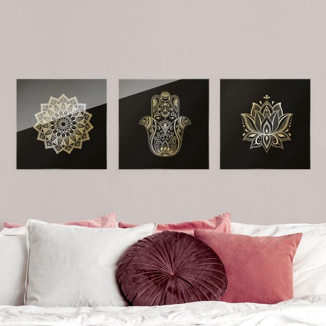 Bilder Mandala Hamsa Hand Lotus Set auf Schwarz