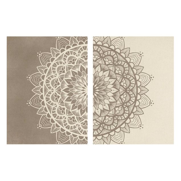 Leinwandbild 2-teilig - Mandala Illustration shabby Set beige weiß - Hoch 4:3