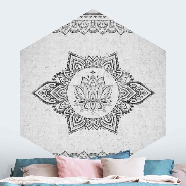 Hexagon Fototapete selbstklebend - Mandala Lotus Betonoptik