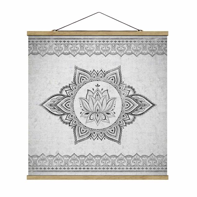 Stoffbild mit Posterleisten - Mandala Lotus Betonoptik - Quadrat 1:1