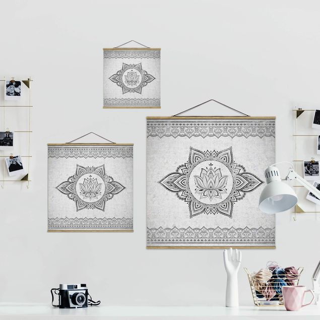 Stoffbild mit Posterleisten - Mandala Lotus Betonoptik - Quadrat 1:1