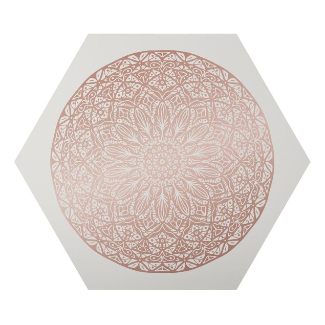 Hexagon-Alu-Dibond Bild - Mandala Ornament in Kupfergold