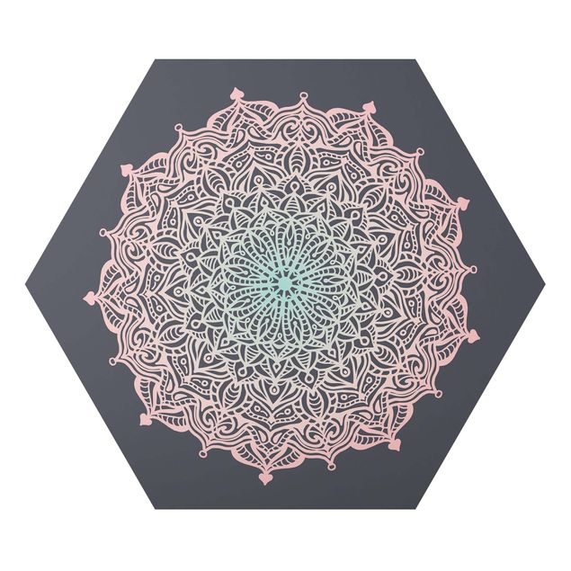 Hexagon-Alu-Dibond Bild - Mandala Ornament in Rose und Blau