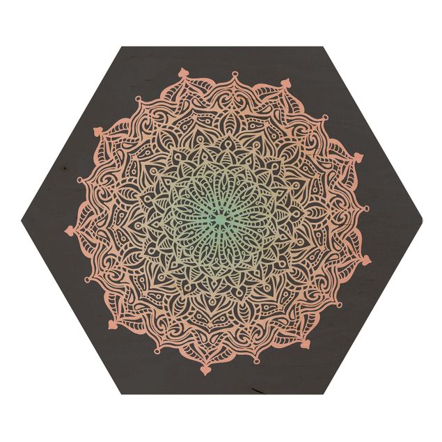 Hexagon-Holzbild - Mandala Ornament in Rose und Blau