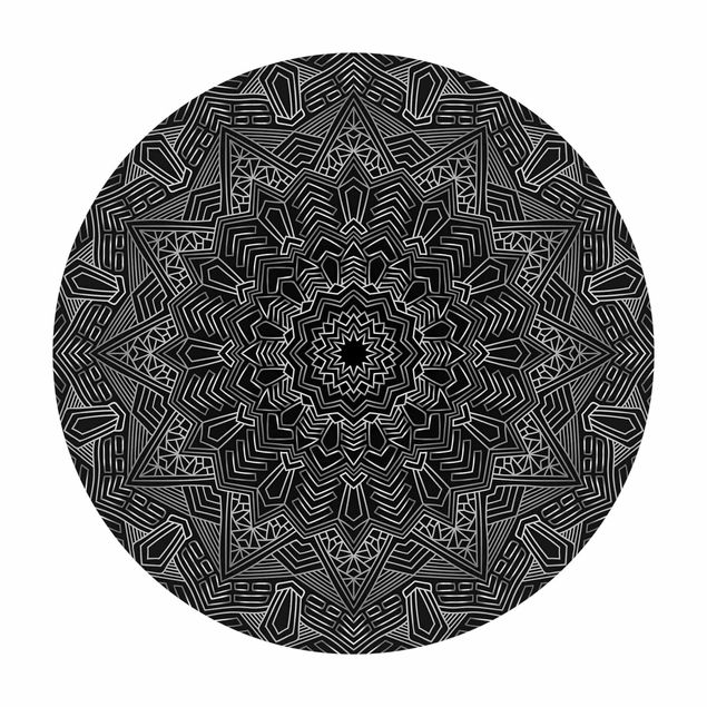 Runder Vinyl-Teppich - Mandala Stern Muster silber schwarz