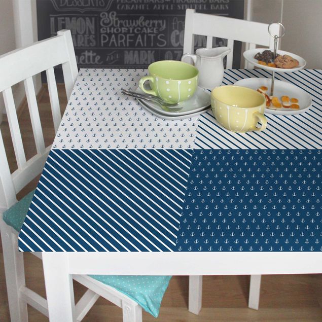 Klebefolie Tisch Maritimes Anker Quadrate Set - Polarweiss Preussisch Blau