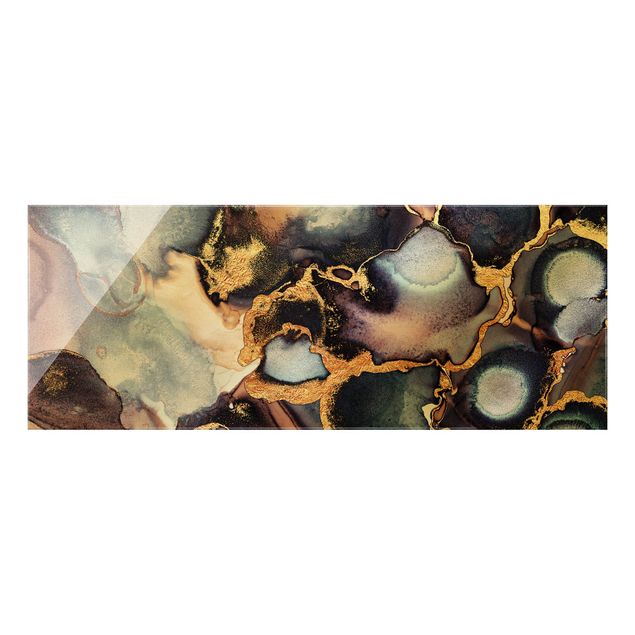 Glasbild - Marmor Aquarell mit Gold - Panorama 5:2