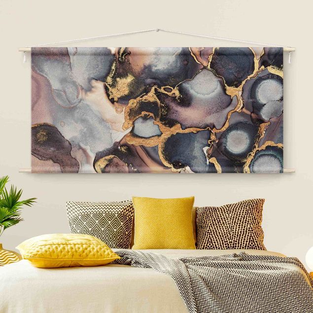 Wandbehang Stoff Marmor Aquarell mit Gold