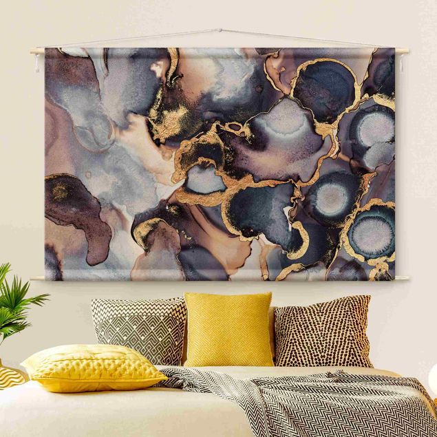 Wandbehang Stoffbild Marmor Aquarell mit Gold