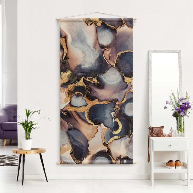 Wandbehang Tuch Marmor Aquarell mit Gold
