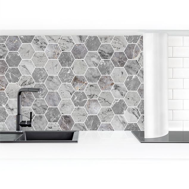 Küchenrückwand - Marmor Hexagon Fliesen - Grau
