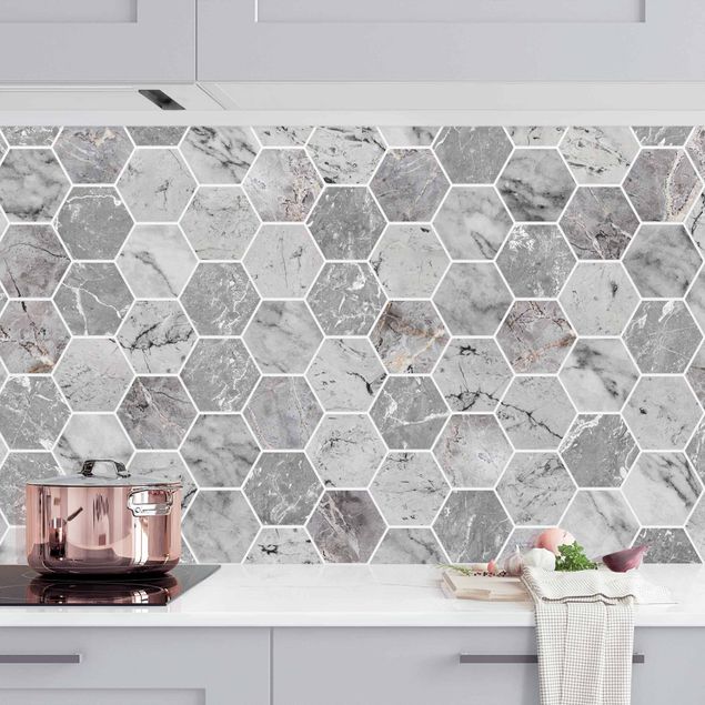 Küchenrückwand - Marmor Hexagon Fliesen - Grau