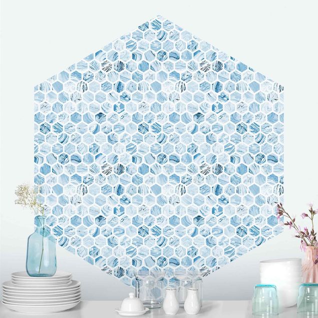 Fototapete Aquarell Marmor Hexagone Blaue Schattierungen