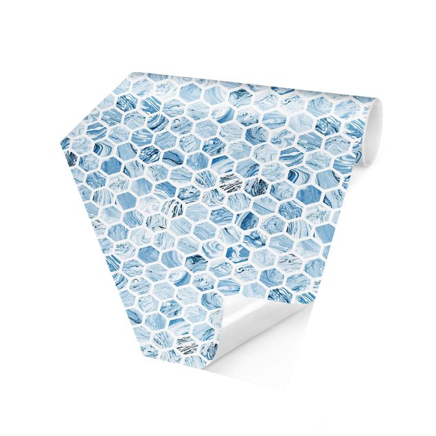 Tapete modern elegant Marmor Hexagone Blaue Schattierungen