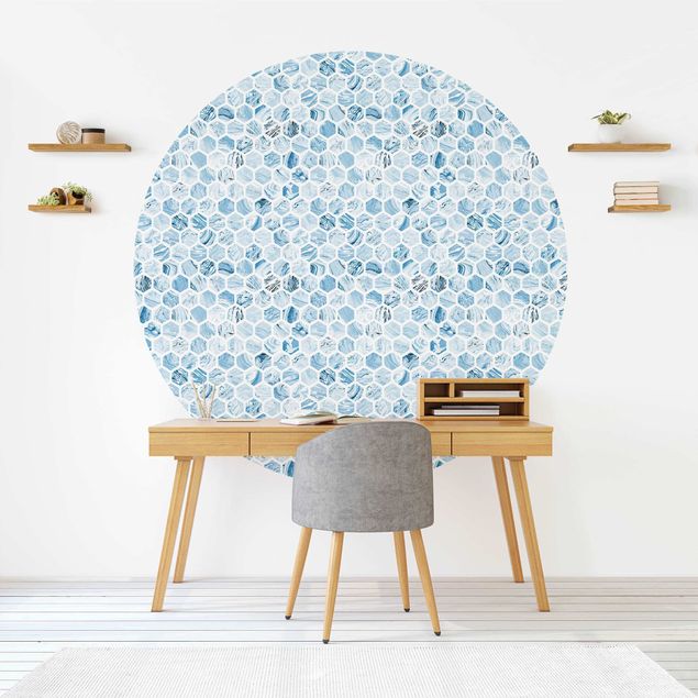 Runde Tapete selbstklebend - Marmor Hexagone Blaue Schattierungen