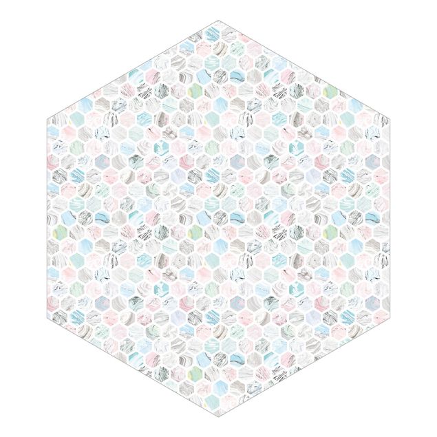 Tapeten mit Muster Marmor Hexagone Rose und Meerblau