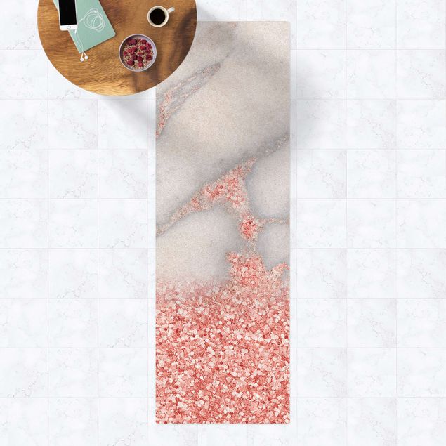 Teppich Läufer Marmoroptik mit Rosa Konfetti