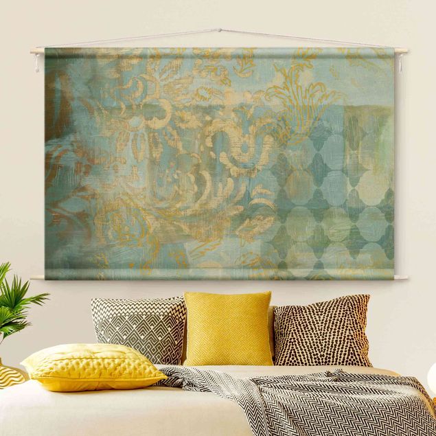 Wandbehang Stoff Marokkanische Collage in Gold und Türkis