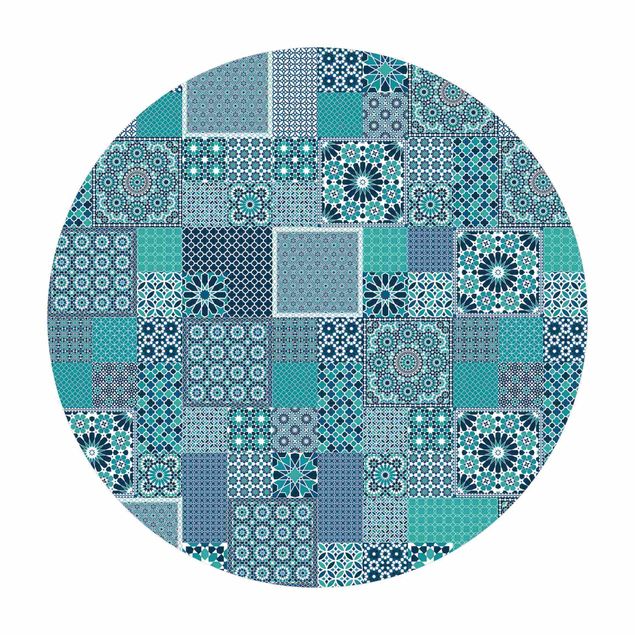 Runder Vinyl-Teppich - Marokkanische Mosaikfliesen türkis blau