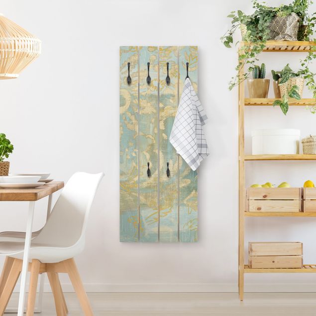 Wandgarderobe Holzpalette - Marrokanische Collage in Gold und Türkis