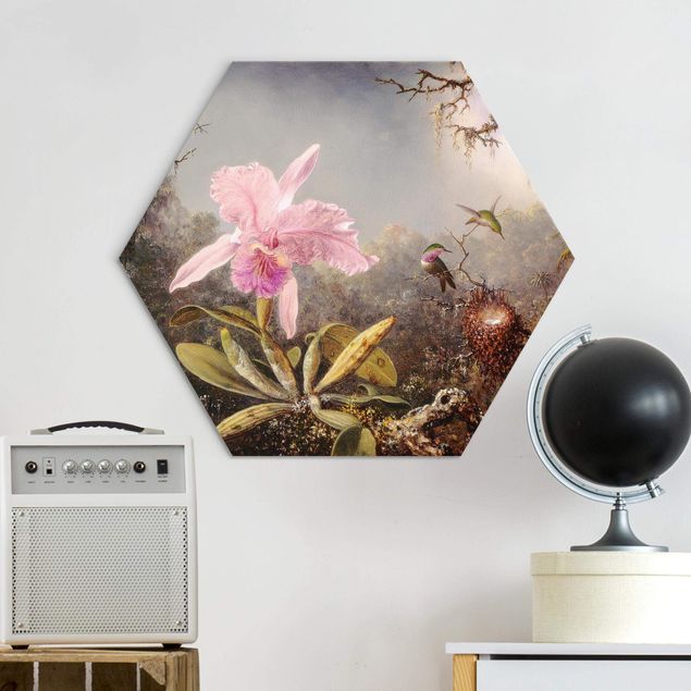 Wandbilder Martin Johnson Heade - Orchidee und drei Kolibris