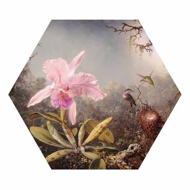 Hexagon-Alu-Dibond Bild - Martin Johnson Heade - Orchidee und drei Kolibris