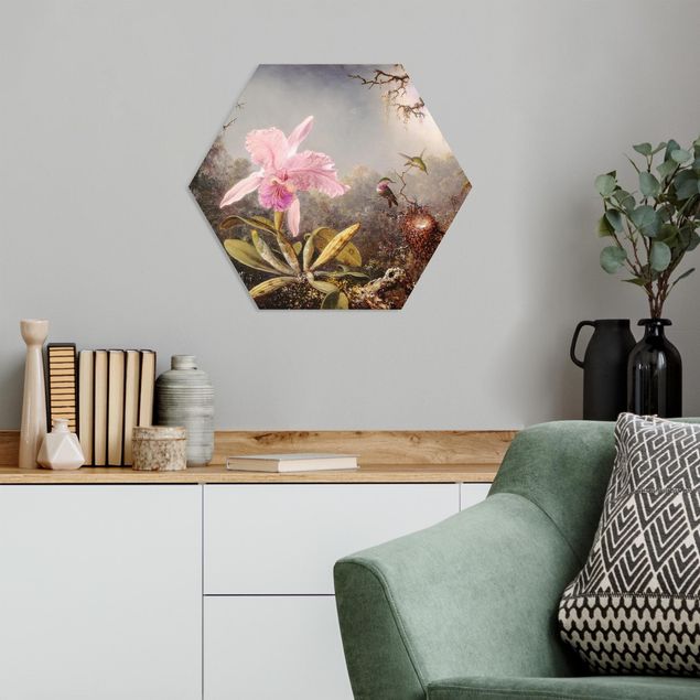 Hexagon Wandbild Martin Johnson Heade - Orchidee und drei Kolibris