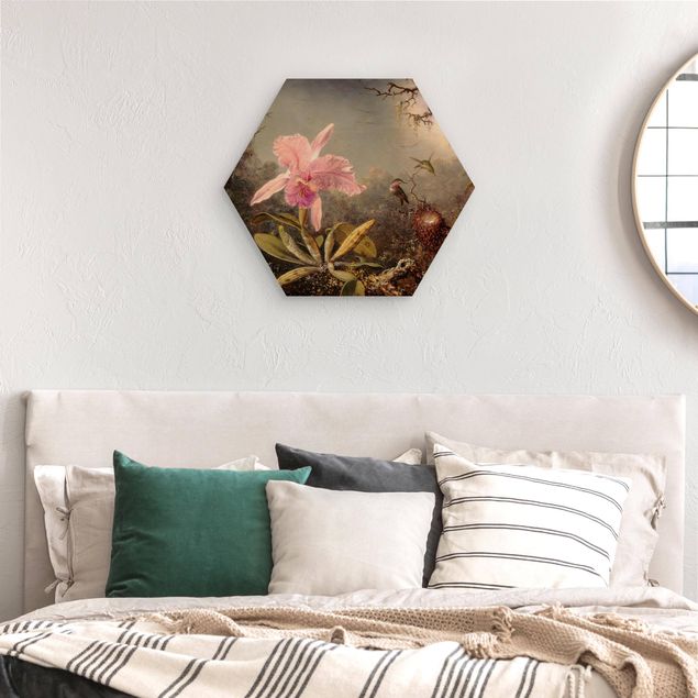 Hexagon-Holzbild - Martin Johnson Heade - Orchidee und drei Kolibris