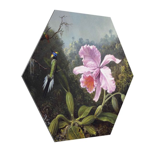 Hexagon-Alu-Dibond Bild - Martin Johnson Heade - Stillleben mit Orchidee und zwei Kolibris