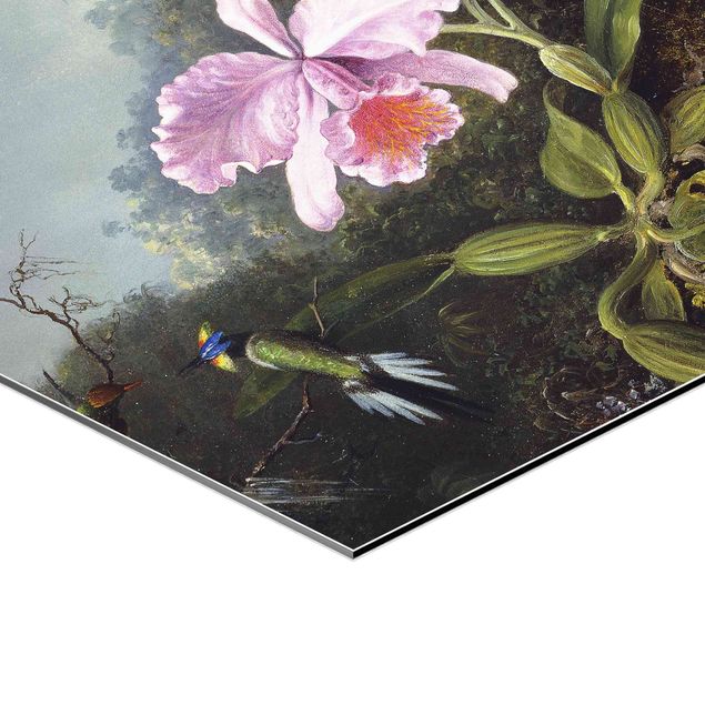 Hexagon-Alu-Dibond Bild - Martin Johnson Heade - Stillleben mit Orchidee und zwei Kolibris