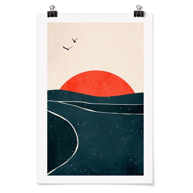 Kubistika Poster Meer vor rotem Sonnenuntergang