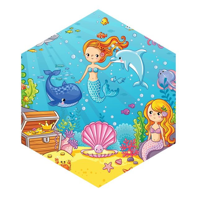 Hexagon Mustertapete selbstklebend - Meerjungfrau Unterwasserwelt