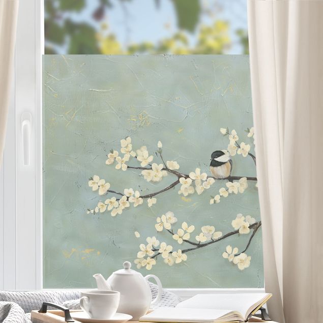 Fensterbilder selbstklebend Blumen Meise auf Kirschast