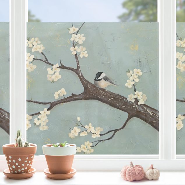 Fensterbilder selbstklebend Blumen Meise auf Kirschbaum