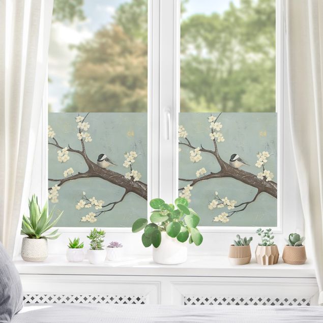 Fensterfolie farbig Meise auf Kirschbaum