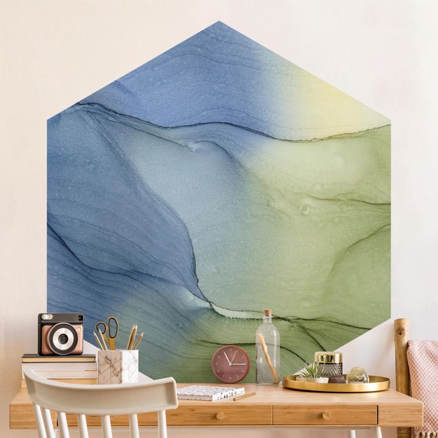 Tapete abstrakt Meliertes Blaugrau mit Moosgrün