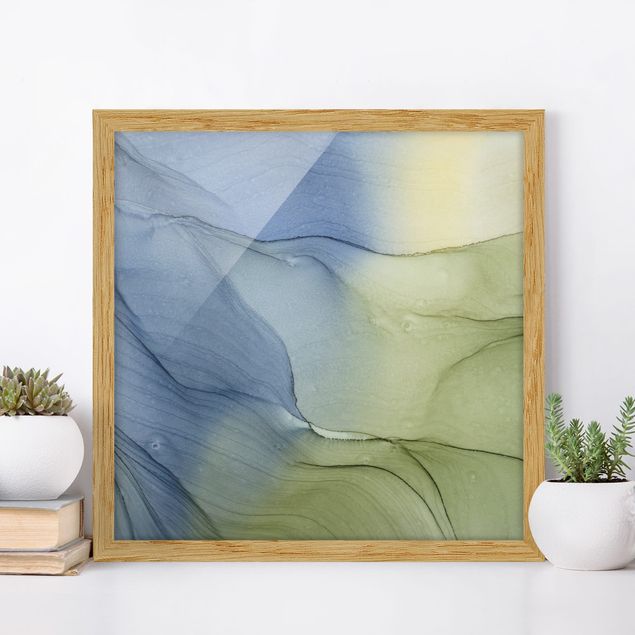 Moderne Bilder mit Rahmen Meliertes Blaugrau mit Moosgrün