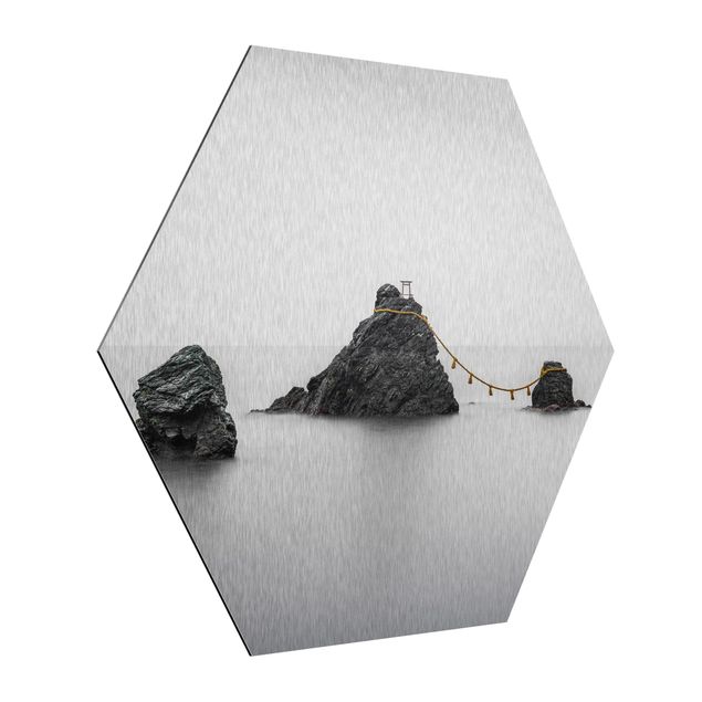 Hexagon Bild Alu-Dibond - Meoto Iwa - die verheirateten Felsen