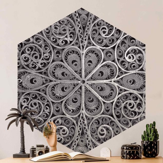 Hexagon Mustertapete selbstklebend - Metall Ornamentik Mandala in Silber