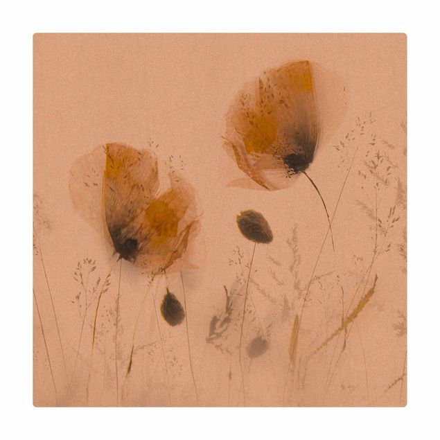 Kork-Teppich - Mohnblumen und zarte Gräser im weichen Nebel - Quadrat 1:1