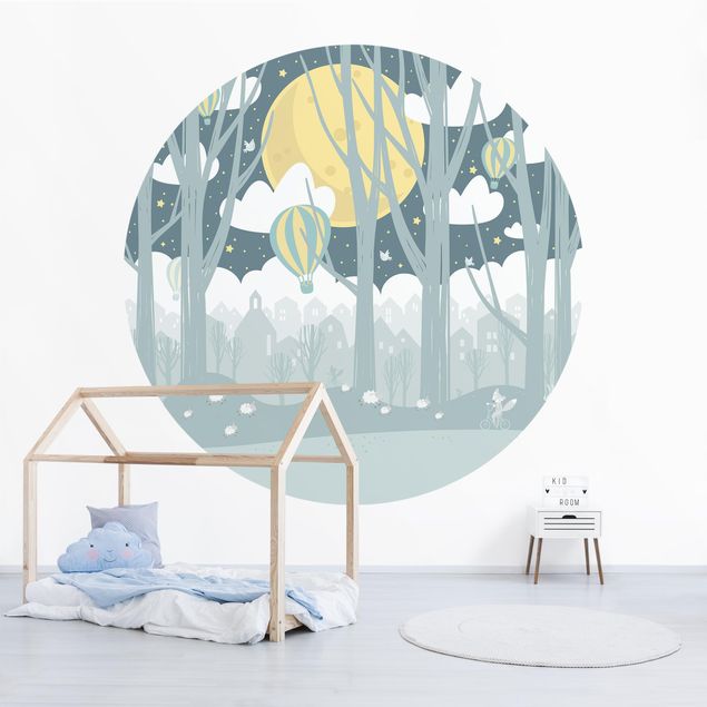 Runde Tapete selbstklebend - Mond mit Bäumen und Häusern