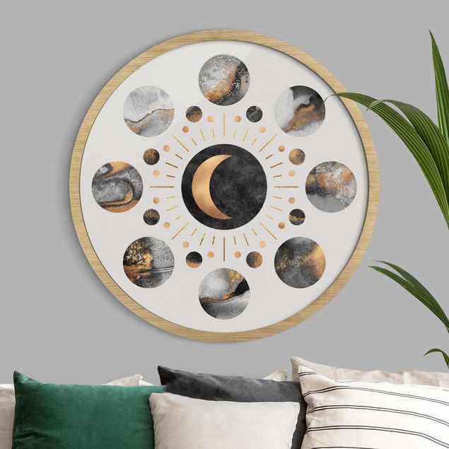 Runde Bilder mit Rahmen Mondphasen Abstrakt Gold