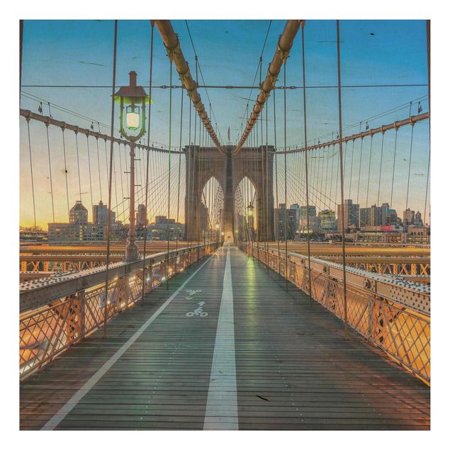 Wandbild Holz Morgenblick von der Brooklyn Bridge
