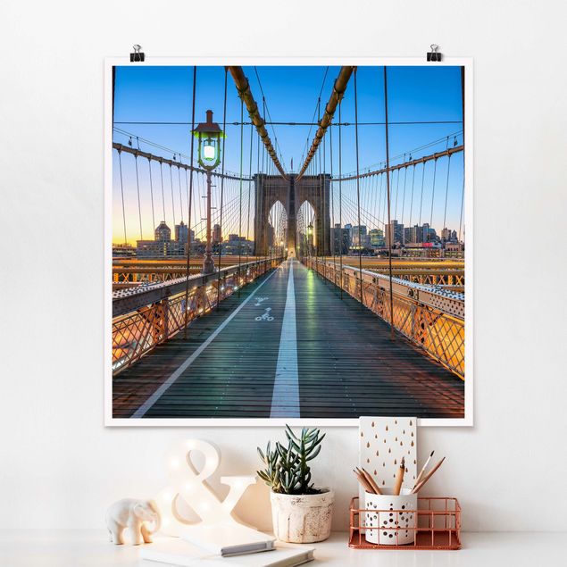Poster New York Skyline Morgenblick von der Brooklyn Bridge